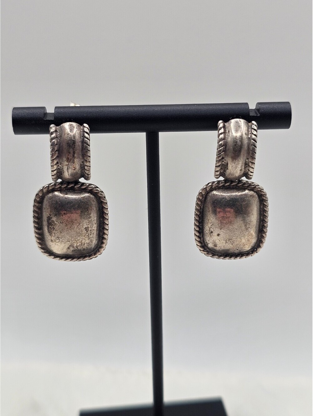 925 Silver Puffy Rectangle Rope Border Dangle Earrings 10g